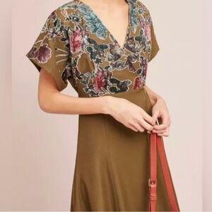 Anthropologie Hermant Nandita Velvet Floral Midi Dress Size 12